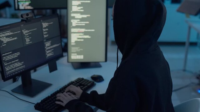 Hacker wearing black hoodie coding on multiple monitors in dark room modern office during night shift, cybersecurity risk, computer hacking, data breach, digital crime, network security, technology.