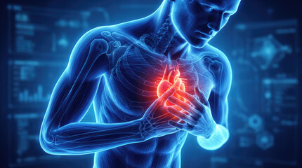 Human anatomical representation with a glowing red area over the chest against a dark blue patterned background