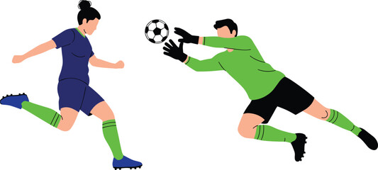 Soccer player shooting ball and goalkeeper diving save action, flat vector illustration of football match, sports competition, teamwork, and athletic performance concept © Julfikar