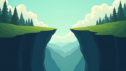 Vast Chasm Between Green Cliffs Under Cloudy Sky