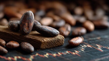 Close-up of roasted cocoa beans on weathered wood against a dark patterned background