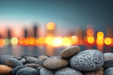 Close-up of smooth, gray stones against a blurry, colorful city skyline at dusk