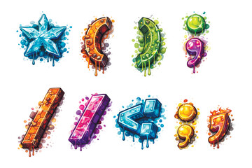 Colorful 3D graffiti punctuation symbols with glossy paint drips, star, opening parenthesis, closing parenthesis, comma, vertical bar, slash, less than sign, semicolon, question mark. Vector icons.