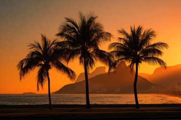 Silhouette palm trees against a brilliant orange sunset over the ocean with distant mountains