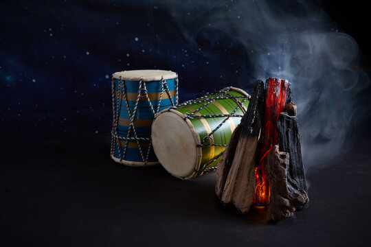 Lohri festival celebrating with dhol drums and bonfire smoke