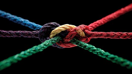 Close-up of intertwined, colorful ropes on a black background, forming a complex knot