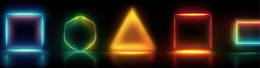 Geometric shapes glowing with colorful neon outlines on a dark, reflective surface