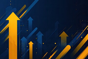Abstract graphic of upward-pointing yellow and blue arrows, on a navy blue background