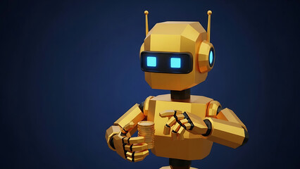 Cute Golden Robot Holding Stack of Gold Coins: 3D Render Concept for AI Finance and Automated Trading