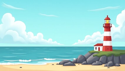 Cartoon Lighthouse and House on Rocky Coastline