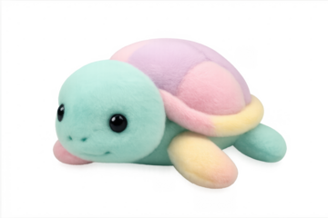 Pastel colored soft plush turtle toy on transparent background