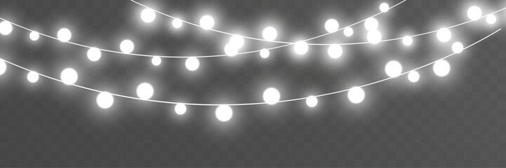 Soft white glowing string lights with gentle bokeh blur, arranged in elegant hanging curves for festive and romantic background designs.
