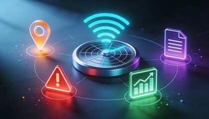 3D digital illustration of a glowing radar interface with neon wifi signal location pin warning alert and data chart icons for continuous monitoring and wireless tracking technology
