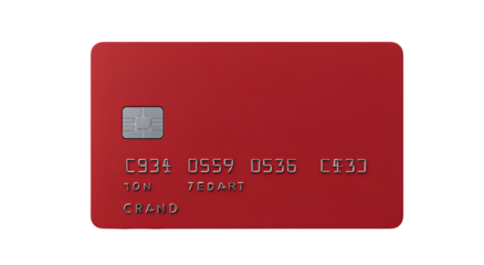 A red payment card with chip, numbers, & names, set against a black backdrop
