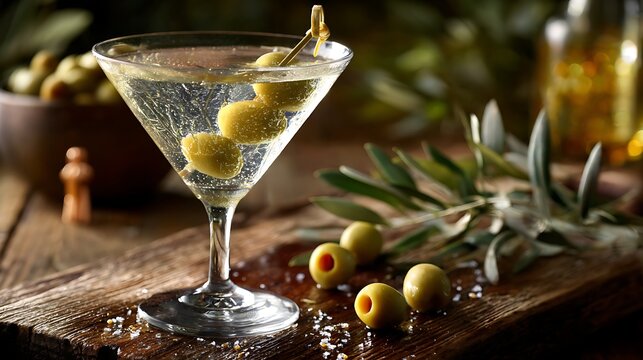 A refreshing, chilled cocktail garnished with olives on a wooden board. Blurred background