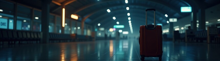 Red suitcase sitting in a dark room