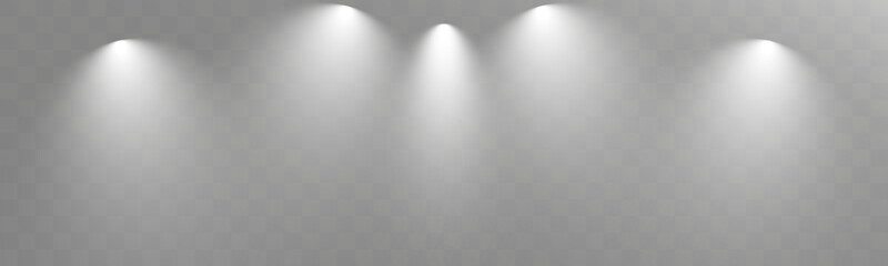 Stage spotlights with realistic white light beams and atmospheric haze on transparent background.