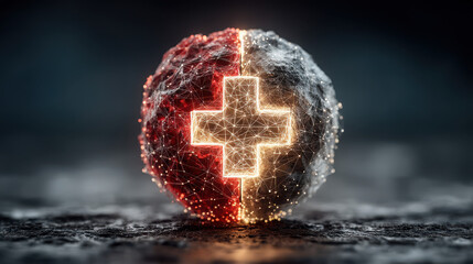Futuristic visualization of Telehealth 2.0 showing the Earth globe wrapped in a glowing medical cross and digital network, symbolizing next-generation global healthcare, remote medical services, and A