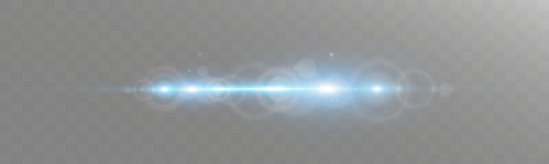 Blue horizontal light flare with glowing streaks and lens effects on transparent background.

