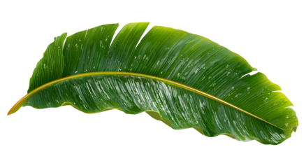 Close-up of a vibrant green banana leaf, wet and shimmering, isolated on black
