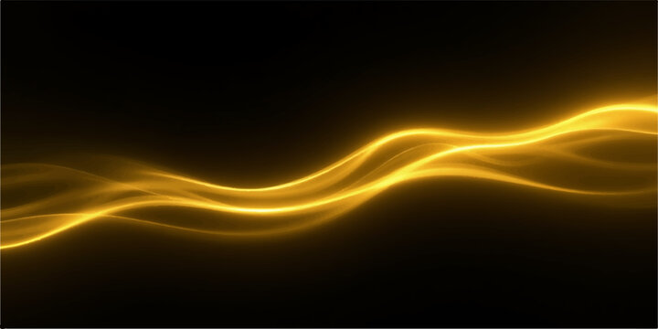 Golden glowing wavy line on dark background abstract light effect