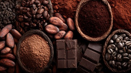 Various forms of cocoa & dark chocolate are displayed, offering a rich, brown texture
