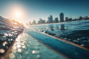 A surfboard catches a wave near a city skyline under a sunlit sky
