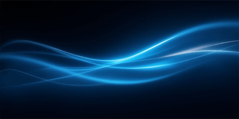 Glowing blue neon light trails on dark background with wave pattern © Robin