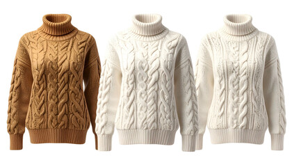 Three cable-knit turtleneck sweaters in varying shades of brown and white against black