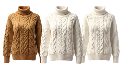 Three cable-knit turtleneck sweaters in varying shades of brown and white against black
