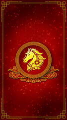 Chinese New Year Year of the Horse vertical illustration with a golden horse zodiac emblem centered in an ornate circular frame on a rich red background symbolizing luck, strength, and prosperity.