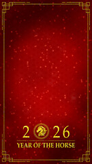 Chinese New Year Year of the Horse vertical background with elegant red patterns and golden decorative borders designed for festive greetings, invitations, and traditional holiday layouts.