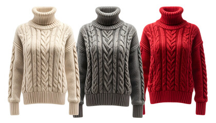 Three knitted turtlenecks, differing in color cream, grey and red, all with cable patterns