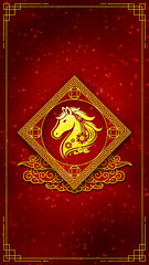 Chinese New Year Year of the Horse vertical design presenting a golden horse zodiac inside a diamond shaped ornamental frame on a red festive background that reflects prosperity and tradition.