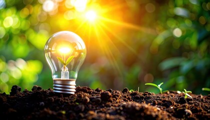 Light Bulb with Growing Plant in Soil with Bright Sunshine in Background, Symbolizing Nature, Growth, and Sustainable Energy Concepts