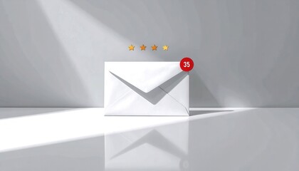 White Envelope with Notification Icon and Star Ratings in a Minimalistic Modern Setting with Shadows and Highlights on a Clean Surface