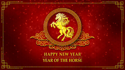 Chinese New Year Year of the Horse horizontal greeting card featuring a golden horse zodiac emblem with ornate clouds on a rich red background that represents strength, luck, and celebration.