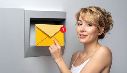 Young woman smiling while retrieving a yellow envelope from a wall-mounted mail slot with a notification symbol indicating new mail arrival