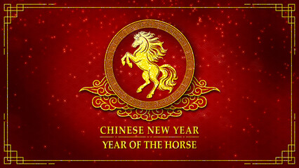 Chinese New Year Year of the Horse horizontal festive design with a golden rearing horse emblem in an elegant circular frame on a sparkling red background celebrating the lunar new year.