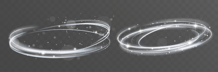 Elegant white glowing light rings with sparkling particles forming a magical swirling halo, perfect for fantasy, luxury, and abstract design compositions.
