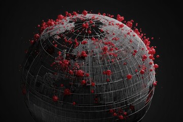 Globe model with wireframe lines and red sphere-like clusters, black background