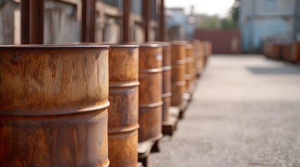 Naklejka premium Row of rusty metal barrels in an outdoor industrial yard under soft sunlight