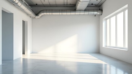 Modern Empty Interior Room with Industrial Ducts and Large Window