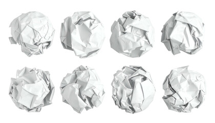 Eight crumpled white paper balls against a black background
