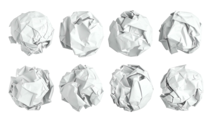 Eight crumpled white paper balls against a black background