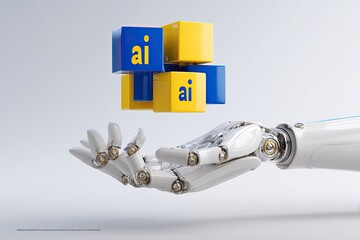 Robot hand holding arrangement of colorful blocks with letters "ai
