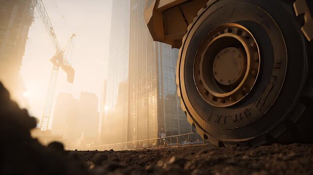 A close-up low-angle view of a large vehicle's rear wheels and dump bed on a dusty construction site