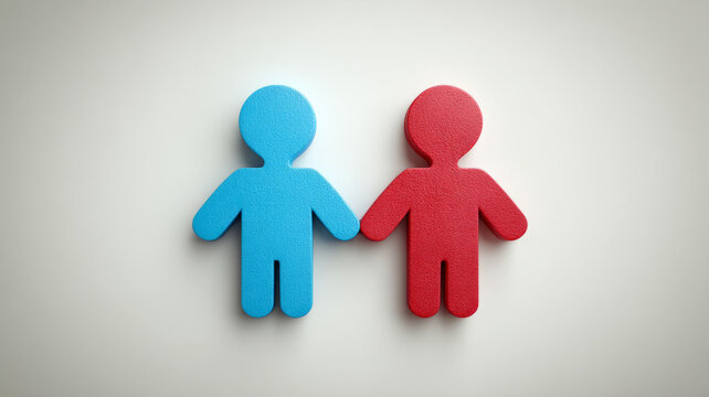 Blue and red paper cutout figures symbolizing unity on plain background.