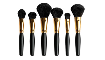 Array of makeup brushes with black bristles, gold ferrules, and black handles against dark