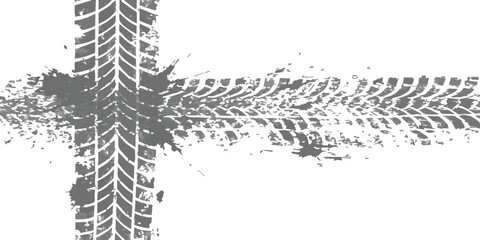 Grungy tire tracks leaving a path with muddy splatters on a white background © Victor creative 